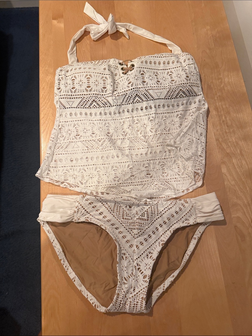 BECCA White Crochet Bandeau Tankini Set